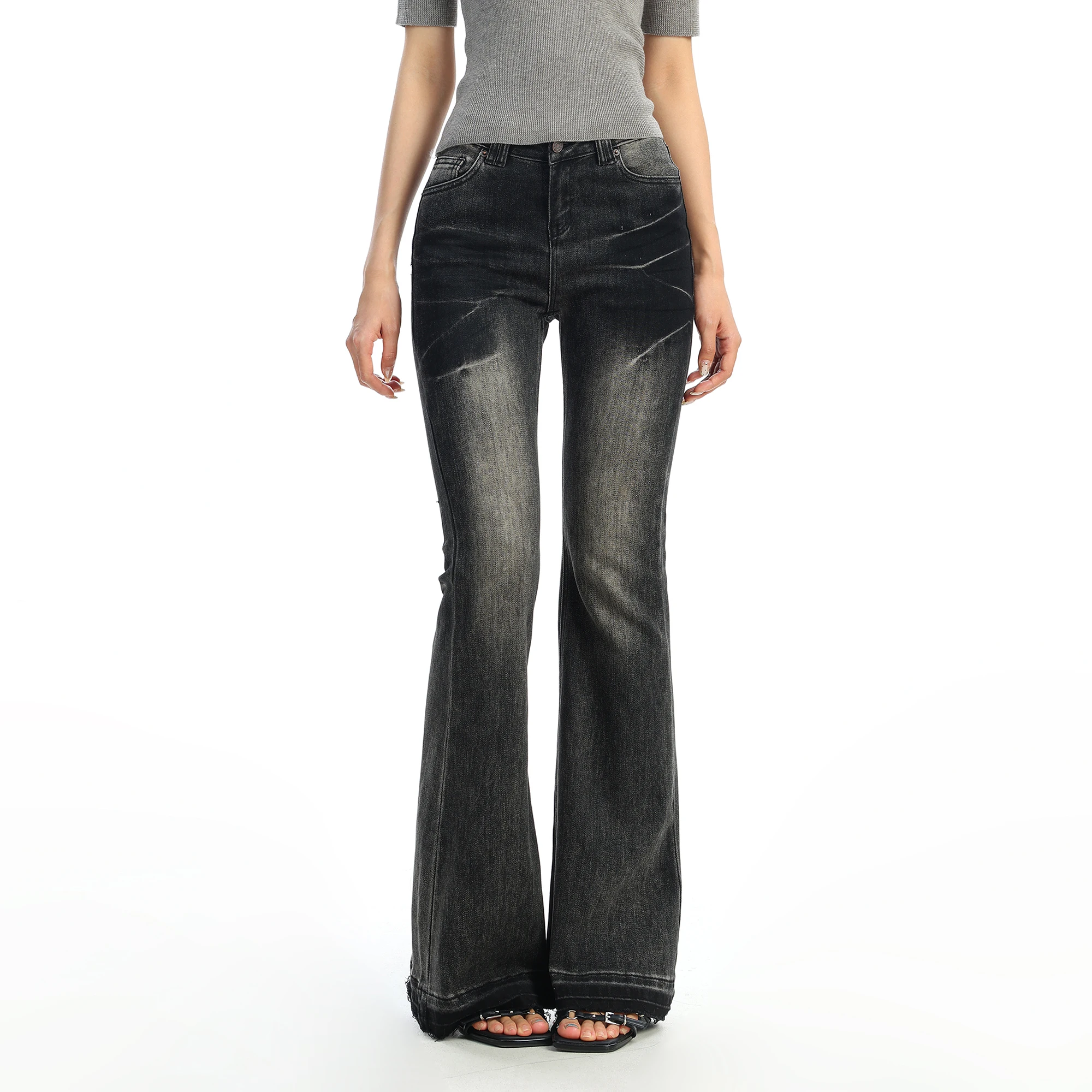 

Женские джинсы-клеш с низкой посадкой, утягивающие, с эффектом потертости, на молнии, прямого кроя, в стиле ретро