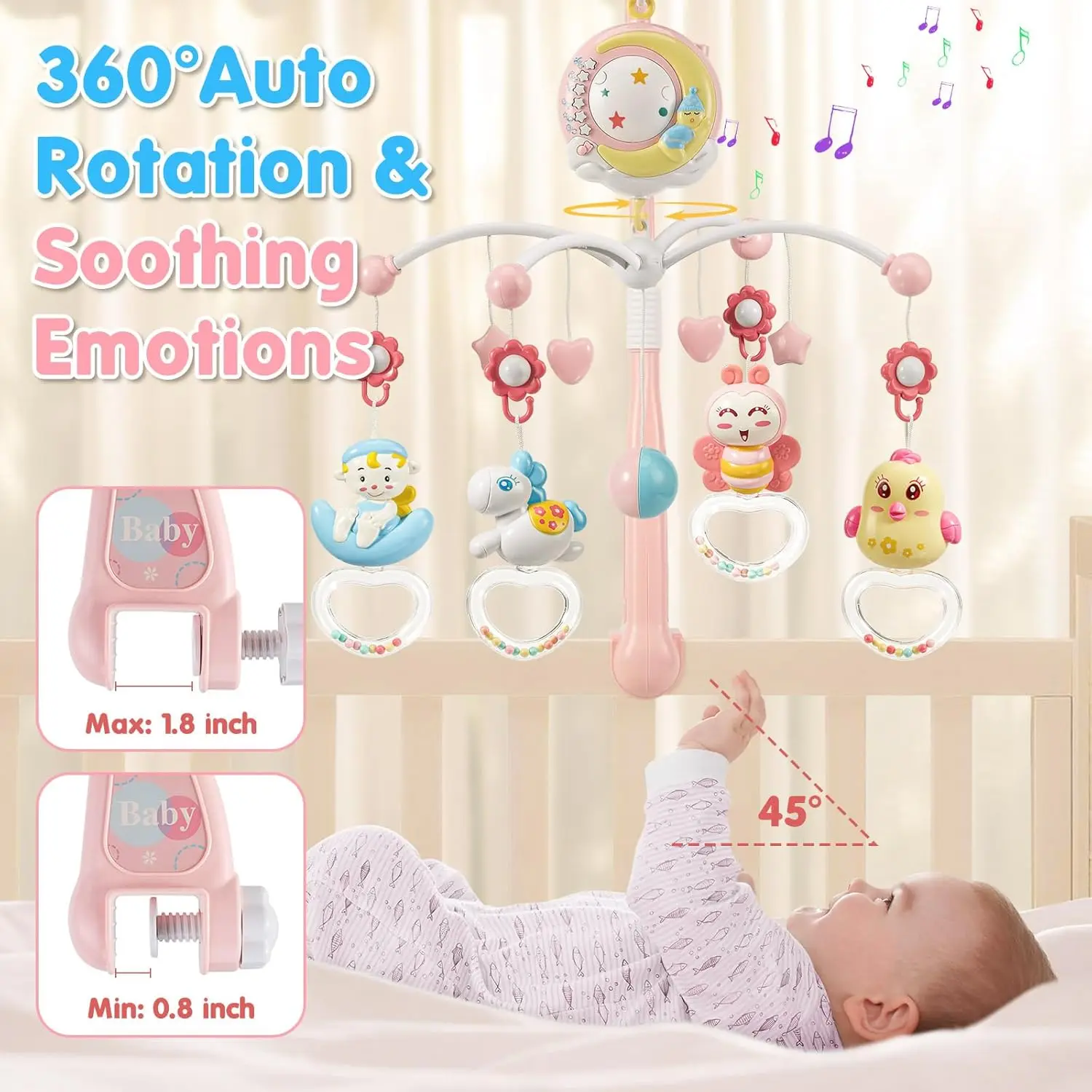 Musical Crib Mobile with Projector, Night Light & Timer - 150 Lullabies, Remote Control for Newborns