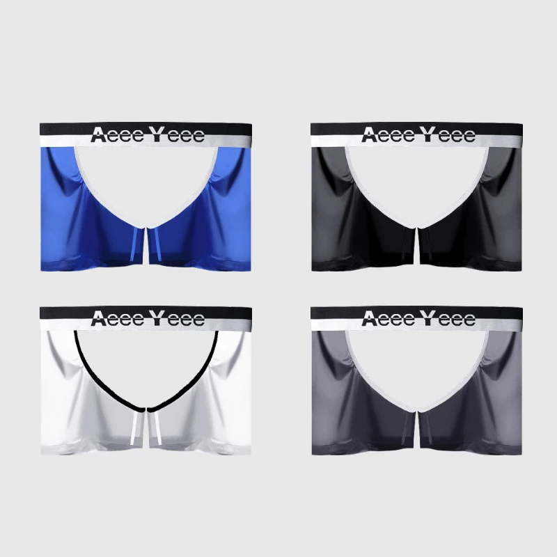 Ropa interior para hombre, calzoncillos tipo bóxer sexy de cintura baja, boxers con entrepierna dividida personalizados de seda helada