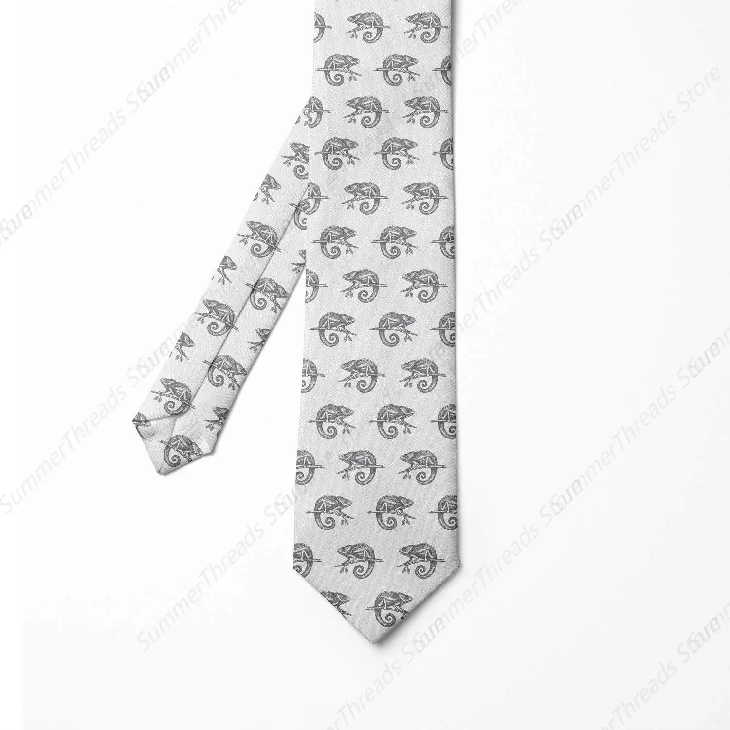 Salamander Men's Tie, Repeating Continuous Print of Wildlife Organisms Reptiles Olive Green and Charcoal Grey