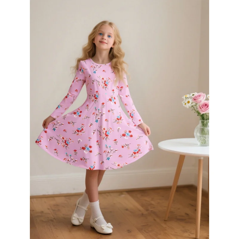 

Girls Pink Floral Long Sleeve Dress Sweet Elegant Princess Dress