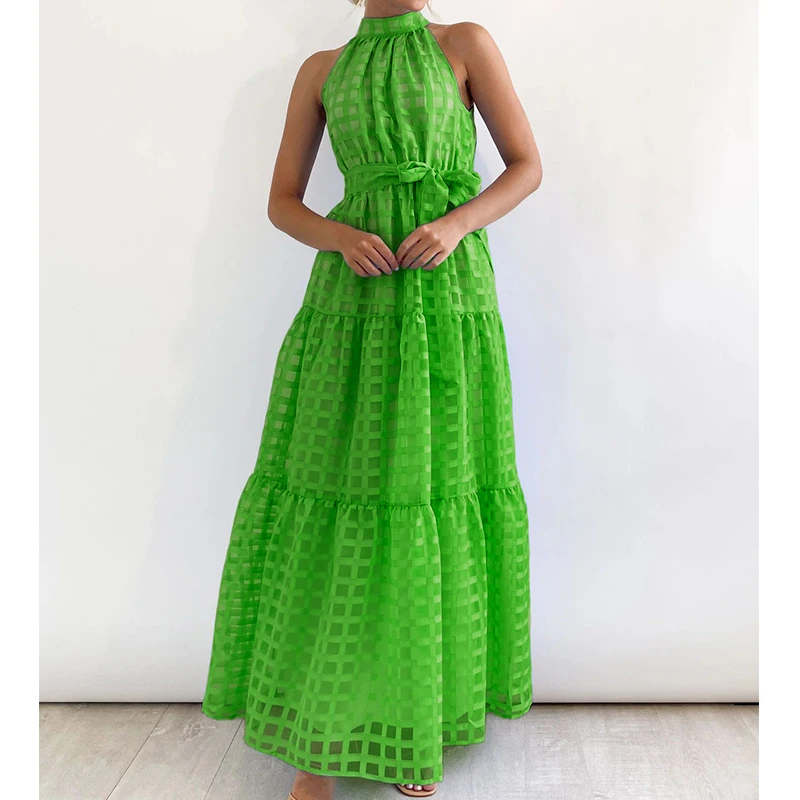 Robe longue à col licou avec ceinture pour femme, élégante, vintage, décontractée, plage, été, 2024