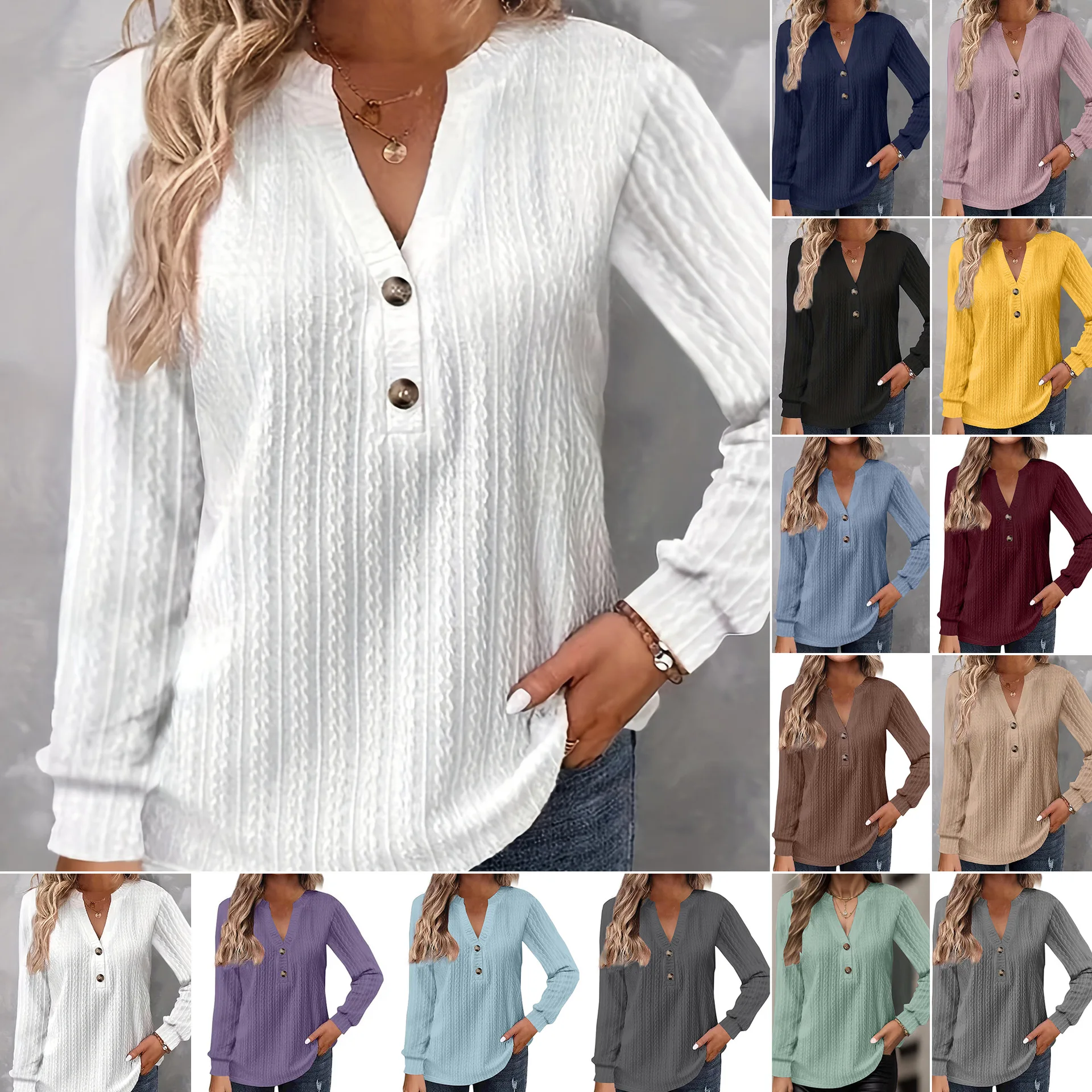 2025 topo femme botão com decote em v pulôver outono inverno versátil feminino cor sólida solta escritório deslocamento camiseta manga longa topo