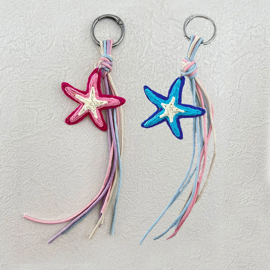 Macaron Color-Blocked Cotton Rope Woven Starfish Keychain, Pink, Purple, Light Blue Multi-Color Tassel Rope, Handmade Woven Five-Pointed Star, Silver Ring, Girly Backpack Car Key Fresh Long-Style Accessory