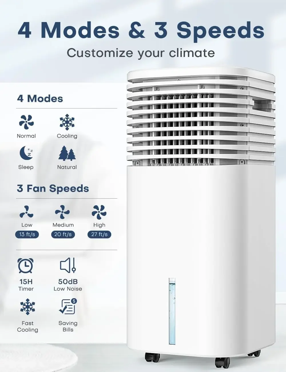 Condicionadores de ar portáteis 4 em 1, refrigerador de ar evaporativo com 4 modos e 3 velocidades, temporizador de 15 horas para desligamento automático inteligente, tanque de 2 galões para 20 horas