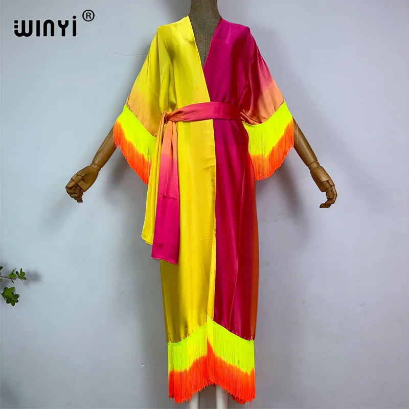 WINYI-Cache-maillot kimono boho, imprimé à franges graduelles, cardigan élégant, sexy, glands, robe maxi, vacances, été