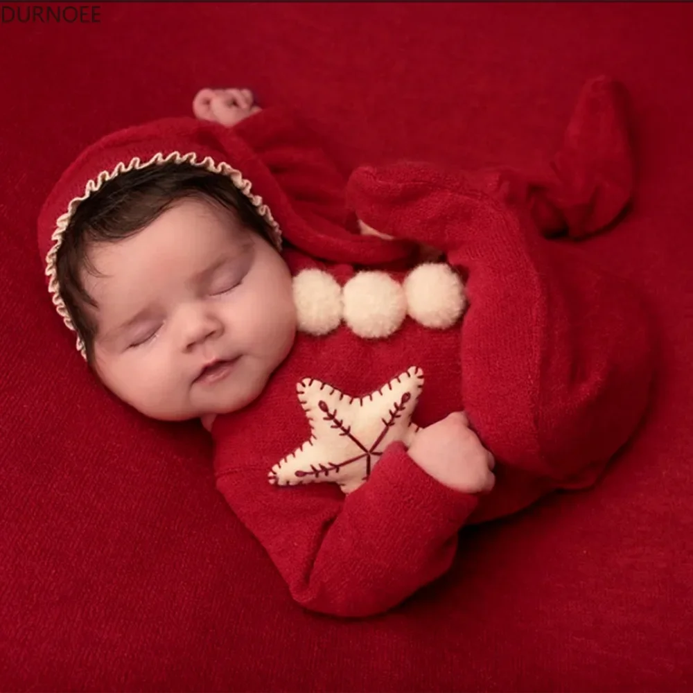 Newborn Photography Christmas Hat Romper  Baby Outfit  Photoshoot Props Clothing