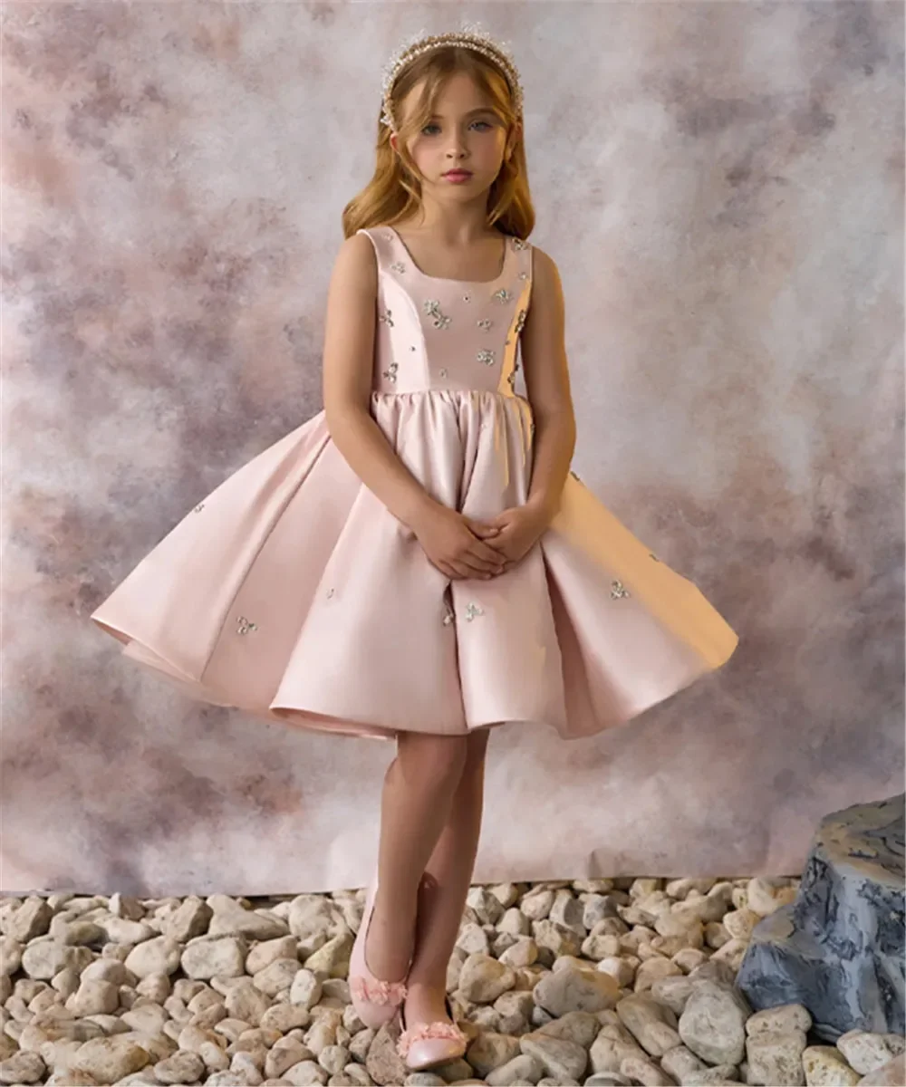 Vestidos de niña de satén azul bebé con cuentas y cuello cuadrado hasta la rodilla para niños, vestido de fiesta de cumpleaños y boda