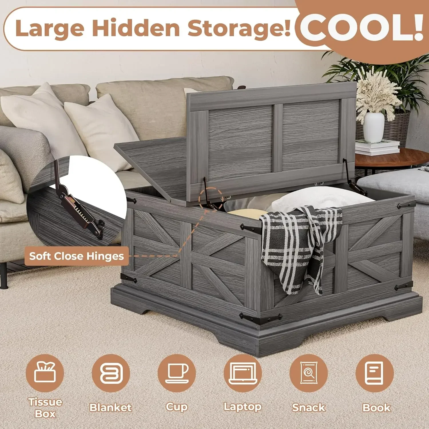 Farmhouse Coffee Table with Storage, Square Center Table for Living Room, Rustic WoodModern, Metal Corner, Grey