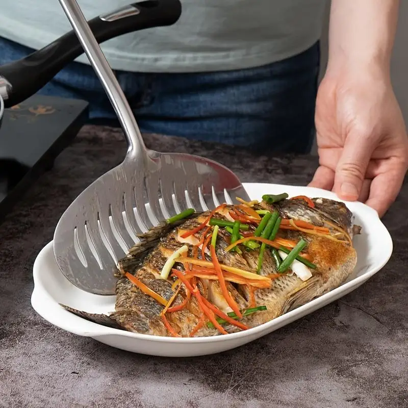 Fisch-Bratspatel mit langem Griff, große Eierpfanne aus Edelstahl, antihaftbeschichtet, Steak, geschlitzt, flache Schaufel, Küchen-Kochwerkzeug