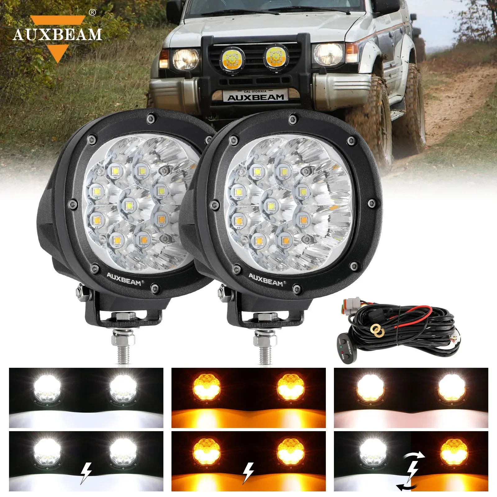 AUXBEAM 90W Universal LED Driving Pod Light Fog Lamp with Memory Function 6 Modes White & Amber Work Light with Wiring Harness