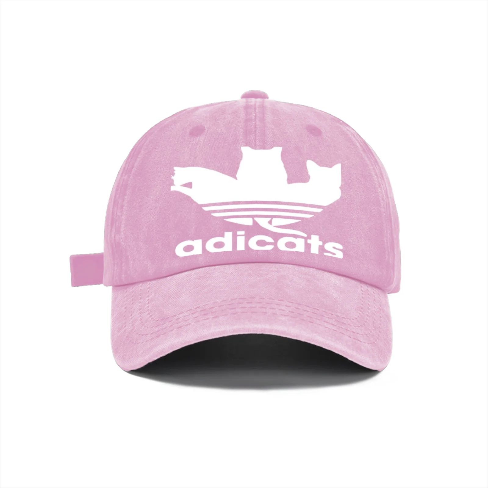 Washed Cotton Baseball Cap Pink Distressed Vintage Snapback with White Cat Silhouette Embroidery Adjustable Unstructured Dad Hat for Women Men
