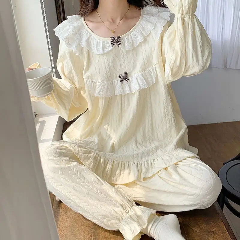 Lace Sleepwear Women Pajama Sets Korean Solid Piiama Autumn Bow Night Wears Long Sleeve Home Suit Lace Ruffles Sets 2 Pieces New