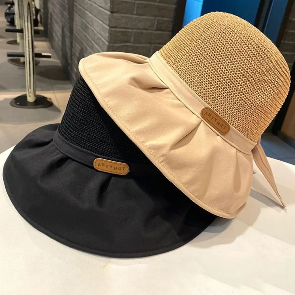 Sombrero de cubo de ala ancha grande para mujer, gorra de Sol de viaje, resistente a los rayos UV, cola de caballo, Verano
