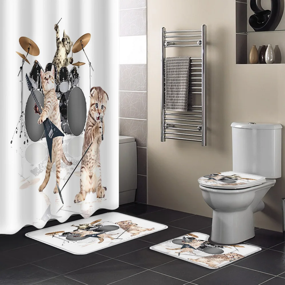 Cat Drum Guitar Cute Shower Curtain Sets Non-Slip Rugs Toilet Lid Cover and Bath Mat Waterproof Bathroom Curtains