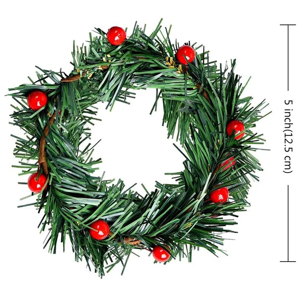 8 PCS Holly Berry Candle Ring Small Artificial Red Berries Pine Needles Wreath for Christmas Garland Ornaments Decor