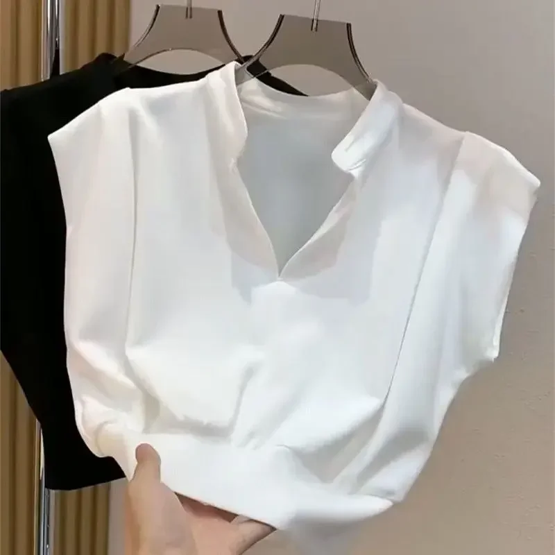 Waist Sleeveless V-neck Shirts Aesthetic Korean New Niche Short Sleeved T-shirt White Crop Tops Vest Tanks Ropa Mujer Blouse