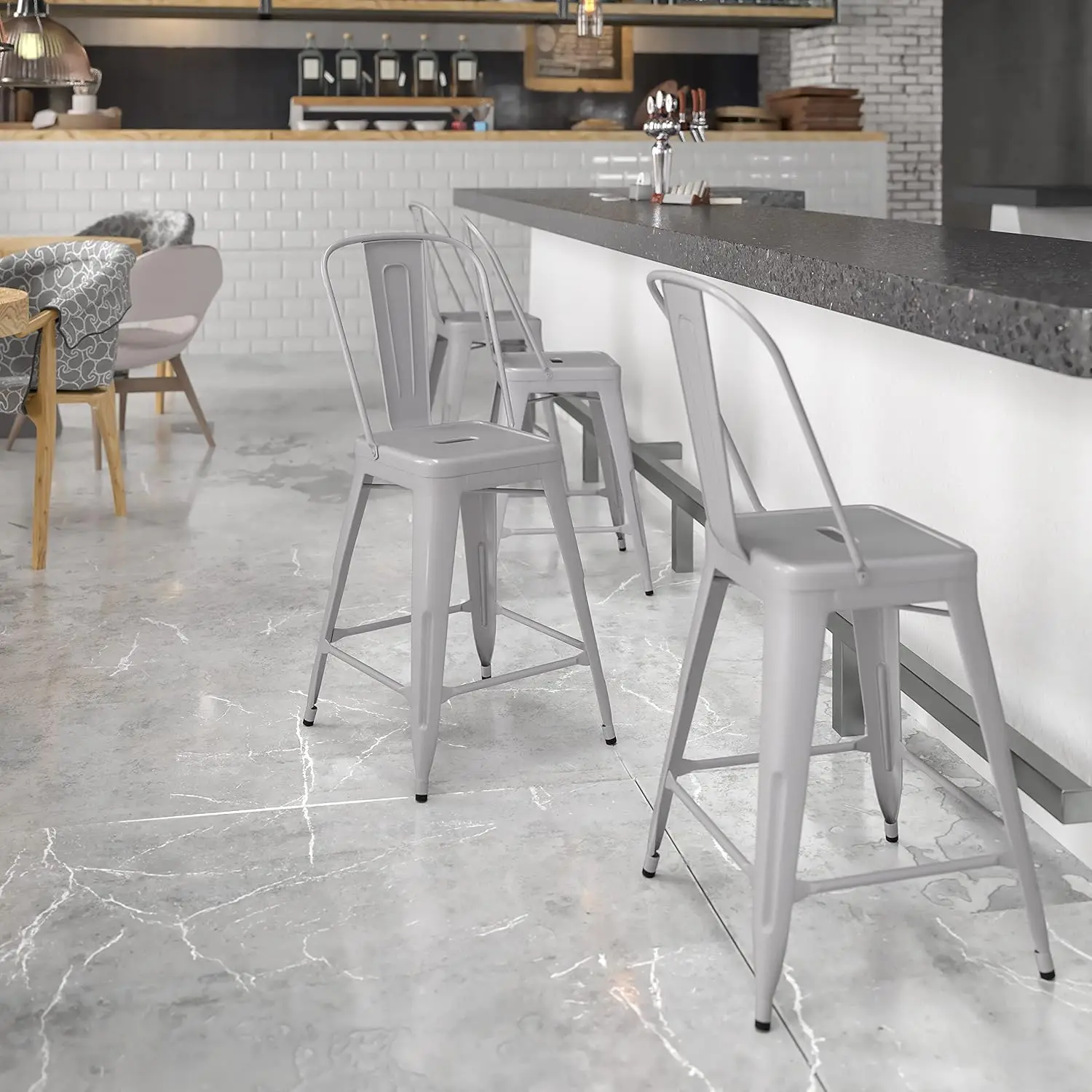 

Commercial Grade 24" H Silver Metal Indoor-Outdoor Counter Height Stool w/Back, Customized