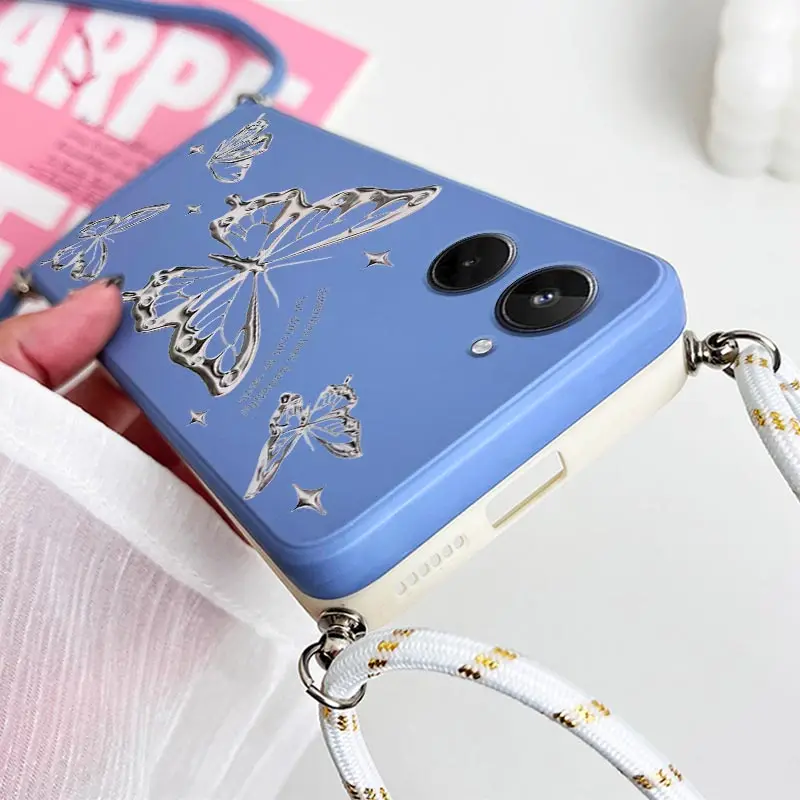 10 Silver Butterfly Lanyard Silicone Phone Case For Realme 10 10Pro 9 8Pro 10ProPlus 12 12X 10T 9Pro C65 C55 C53 C67 C25 Cover