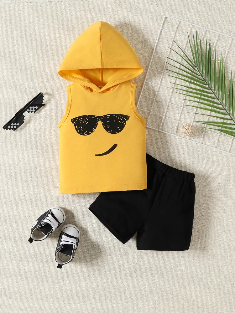 2pcs Summer Baby Boys Fashion Vest Set Cartoon Hooded Sleeveless Top Paired with Black Elastic Shorts Newborn Clothing 3-24M