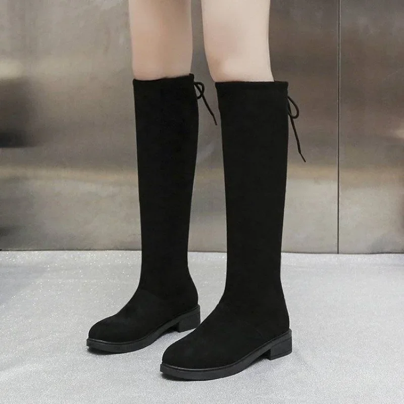 British Style Women Boots Knee High Flock 2024 New Winter Fashion Winter Plush Round Head Stretch Boots Square Heel  Women Shoes