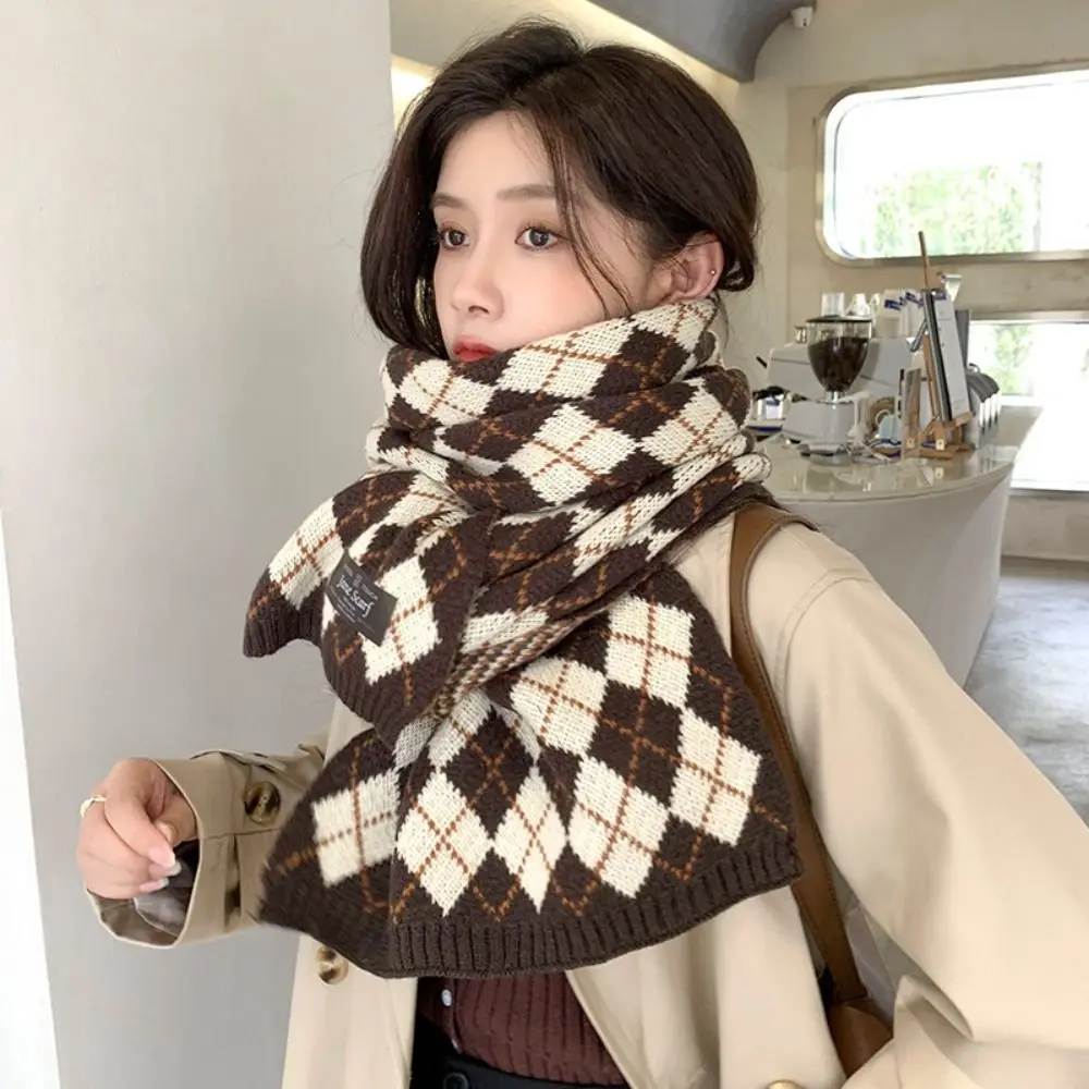 패션 한국 스타일 다이아몬드 체크 스카프 두꺼운 방풍 Y2K 체크무늬 스카프 롱 플래드 겨울 캐시미어 숄 여성/남성용