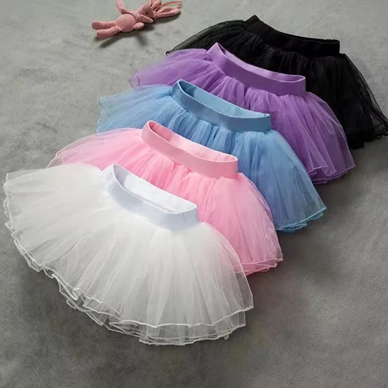 

Girls Ballet Tutu Skirts Pink Kids Fluffy 4 layer Soft Yarn Tulle Skirts White Elastic Ballet Leotard Skirts