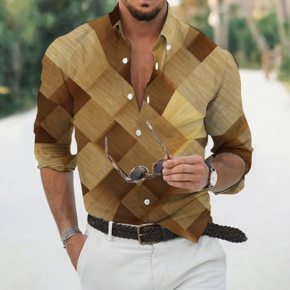 

Men's Geometric Color Block Patchwork Print Long Sleeve Polyester Comfort Fit 3D Streetwear Shirt Autumn Winter Fashion Men Top