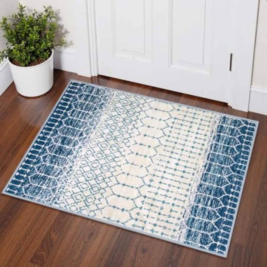 

Moroccan Entryway Rugs Indoor 2x3 Area Rug Blue NonSlip Backing Washable Indoor Mats for Entryway LowProfile Throw Soft Rugs fo