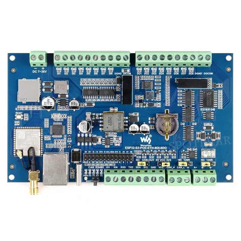 

Промышленный 8-канальный контроллер ESP32-S3 с Wi-Fi Bluetooth CAN IoT RS485 и RJ45 ETH POE: ESP32-S3-POE-ETH-8DI-8DO
