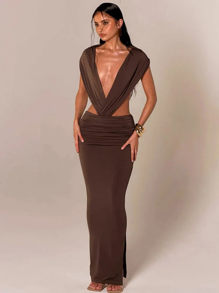 Sibybo Sexy Deep V-Neck Backless Women Maxi Dress Brown Sleeveless Ruched Slim High Waist Long Dress Elegant Evening Party Dress