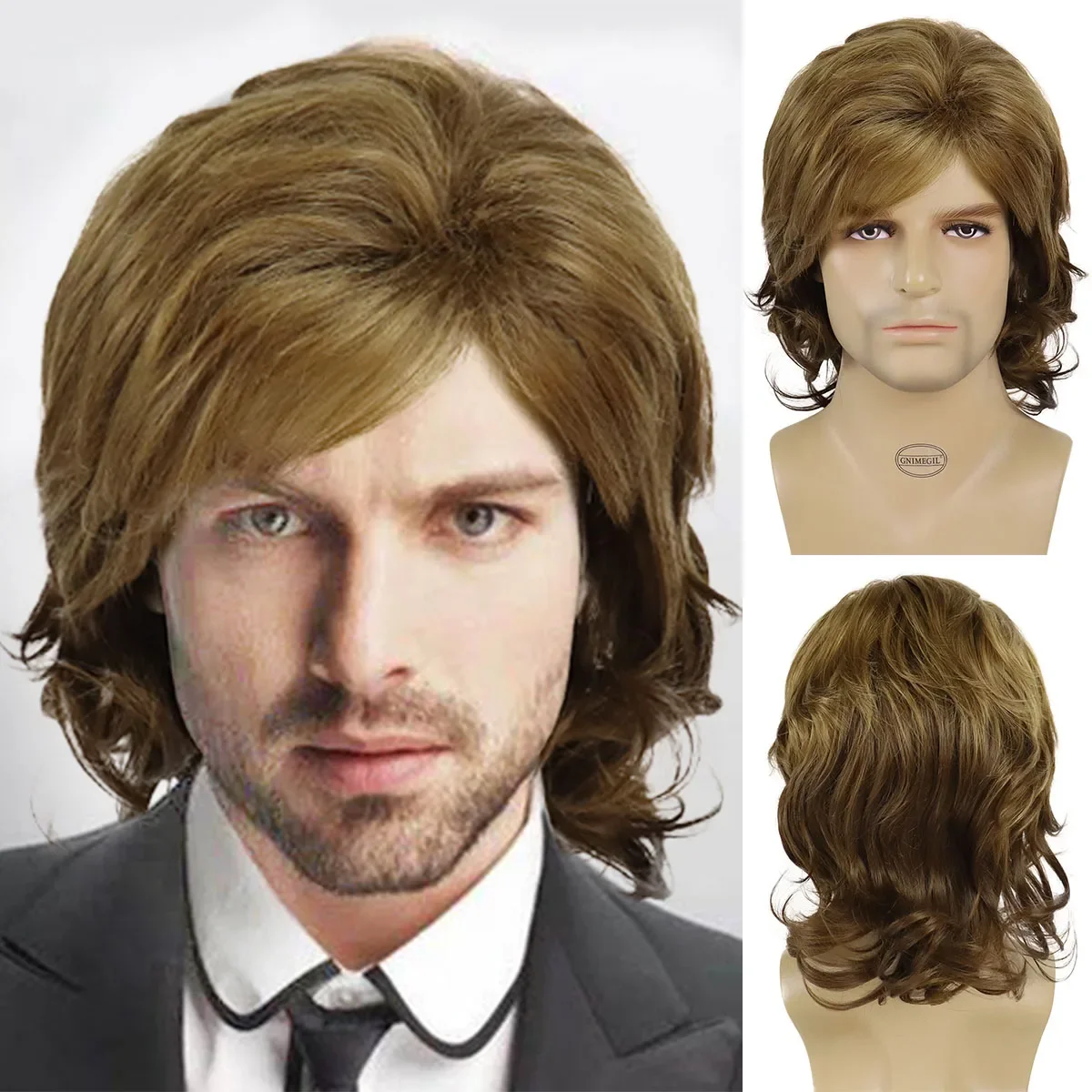 

GNIMEGIL Synthetic Long Curly Wig for Men Ombre Brown Blonde Hair Natural Fluffy Wig with Bangs Daily Cosplay Use Heat Resistant