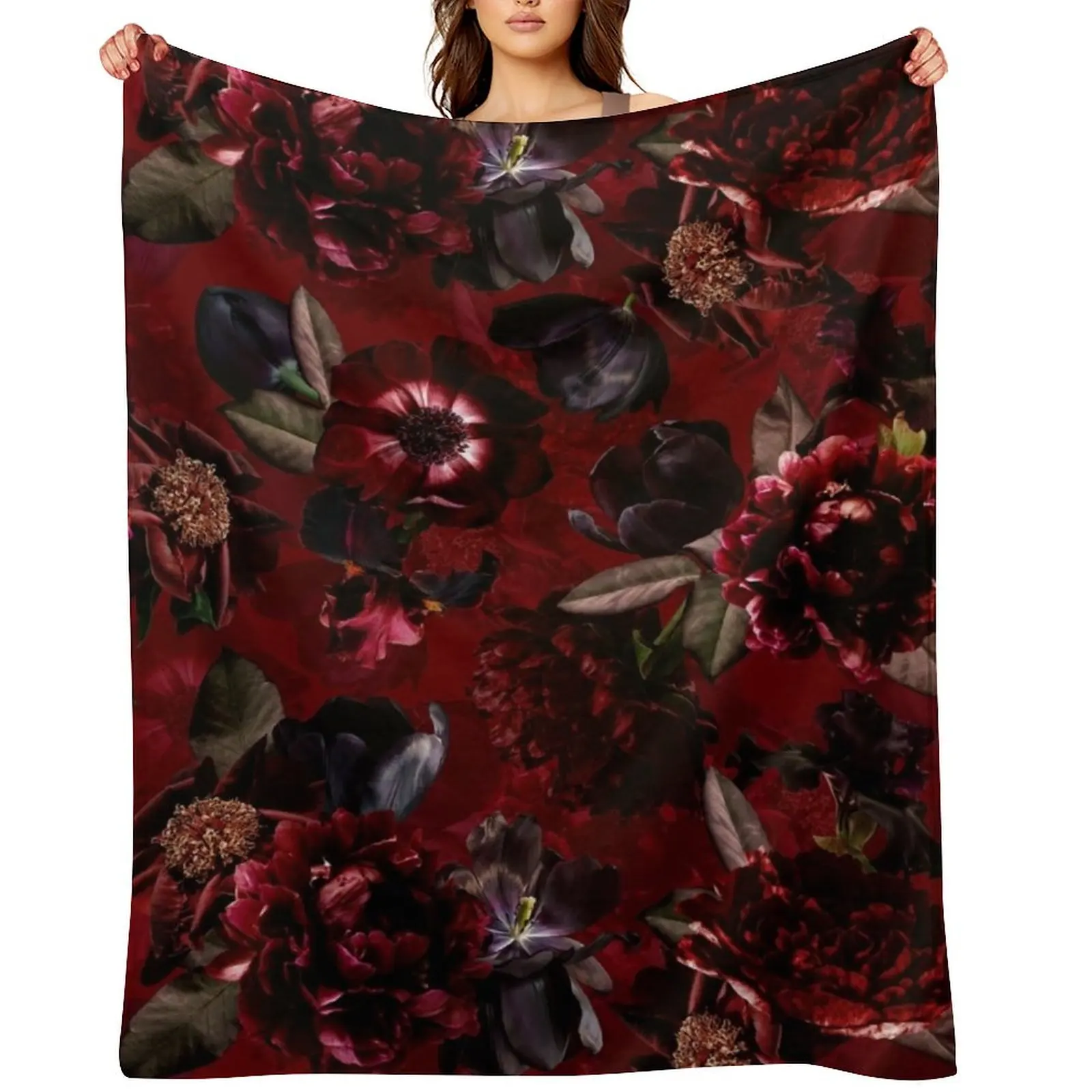 

Dark Red Midnight Roses Botanical Night Garden Nightgarden Throw Blanket Soft Hairy Thin Moving Blankets