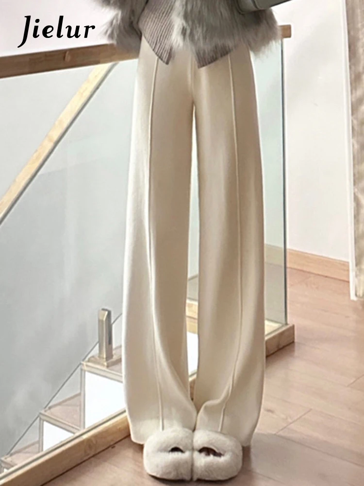 Jielur Off White Slim Fashion Office Lady Pants Knitted High Waist Casual Straight Solid Color Female Wide Leg Pants Streetwear