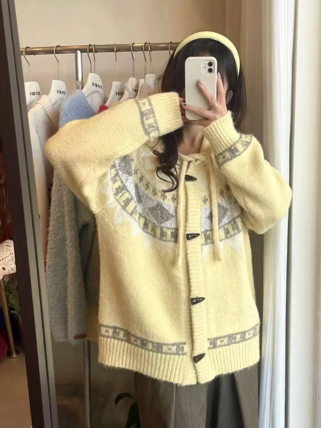 

Gagarich Yellow Sweater Women Autumn Winter Thick Hooded Jacket 2025 New Retro Horn Button Knitted Cardigan Top