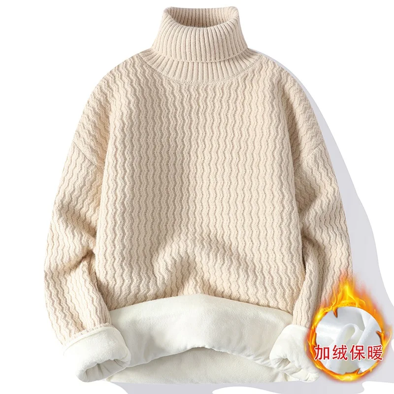 New Winter Fleece Turtleneck Sweater Men Warm Knit Pullovers Mens Casual Knitted Sweaters Solid Color Turtleneck Knitwear Man