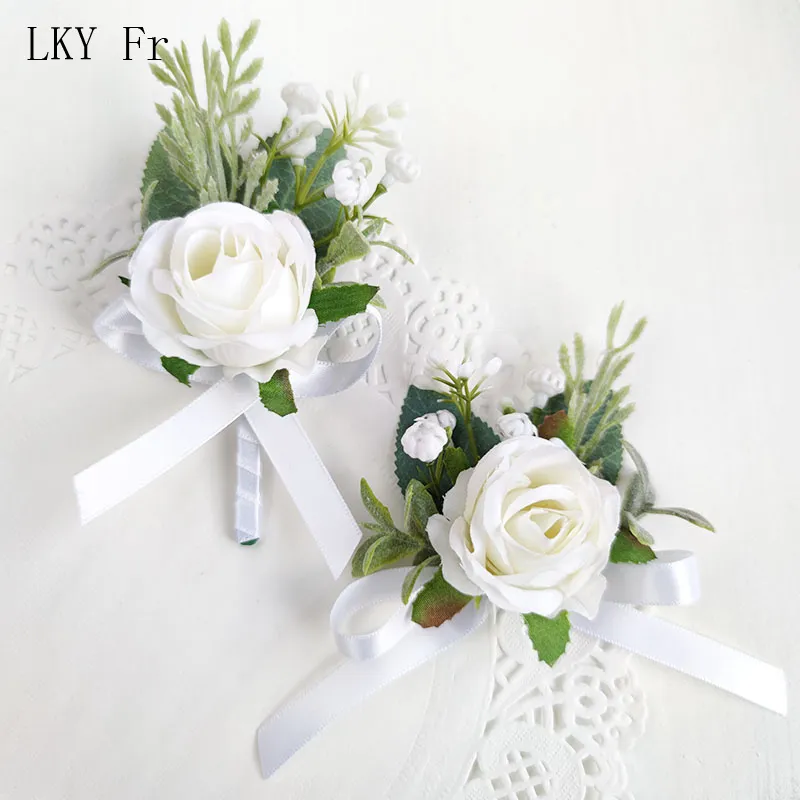 Accesorios de boda para novio, ramillete de muñeca con ojal blanco, flores artificiales, rosas de seda, pulseras para damas de honor
