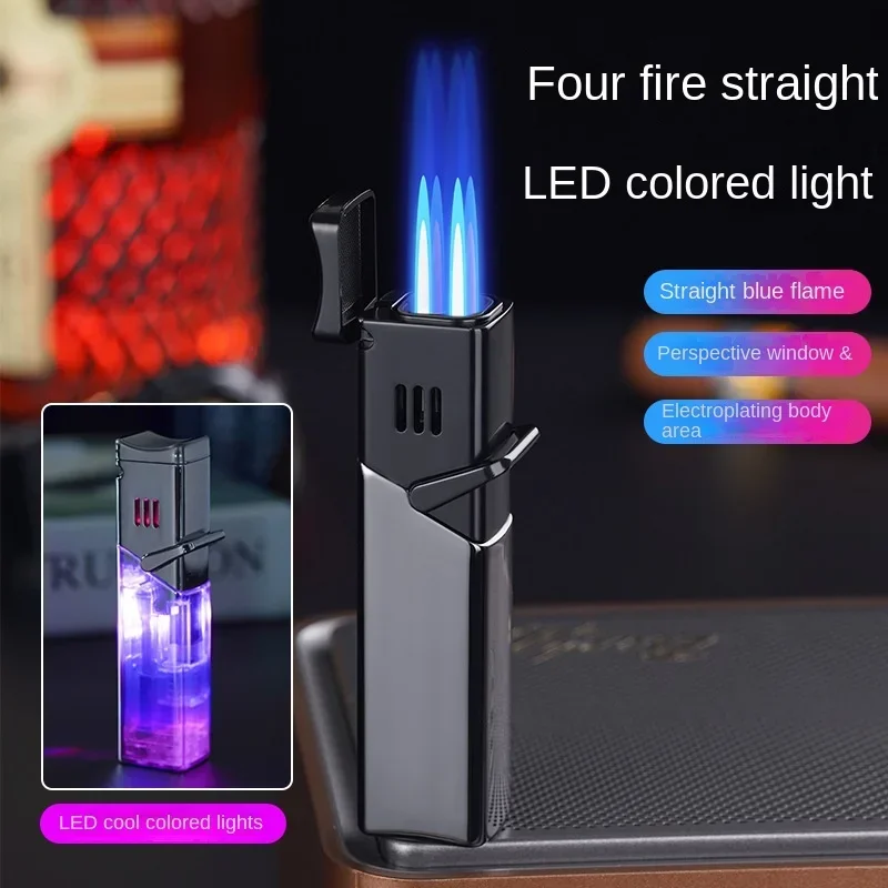 Four Torch Strong Flame Small Spray Gun Lighter Windproof Cigar Transparent Window LED Colored Light Lighter Men\'s Gift