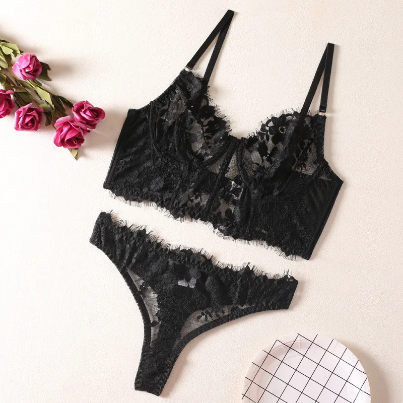 Sexy Spitzen-BH-Slip-Set mit Bügel und Blumenmuster, gut aussehende Dessous, Netzstoff, ausgefallene Unterwäsche, luxuriöses, spurloses, durchsichtiges, sexy, exotisches Set