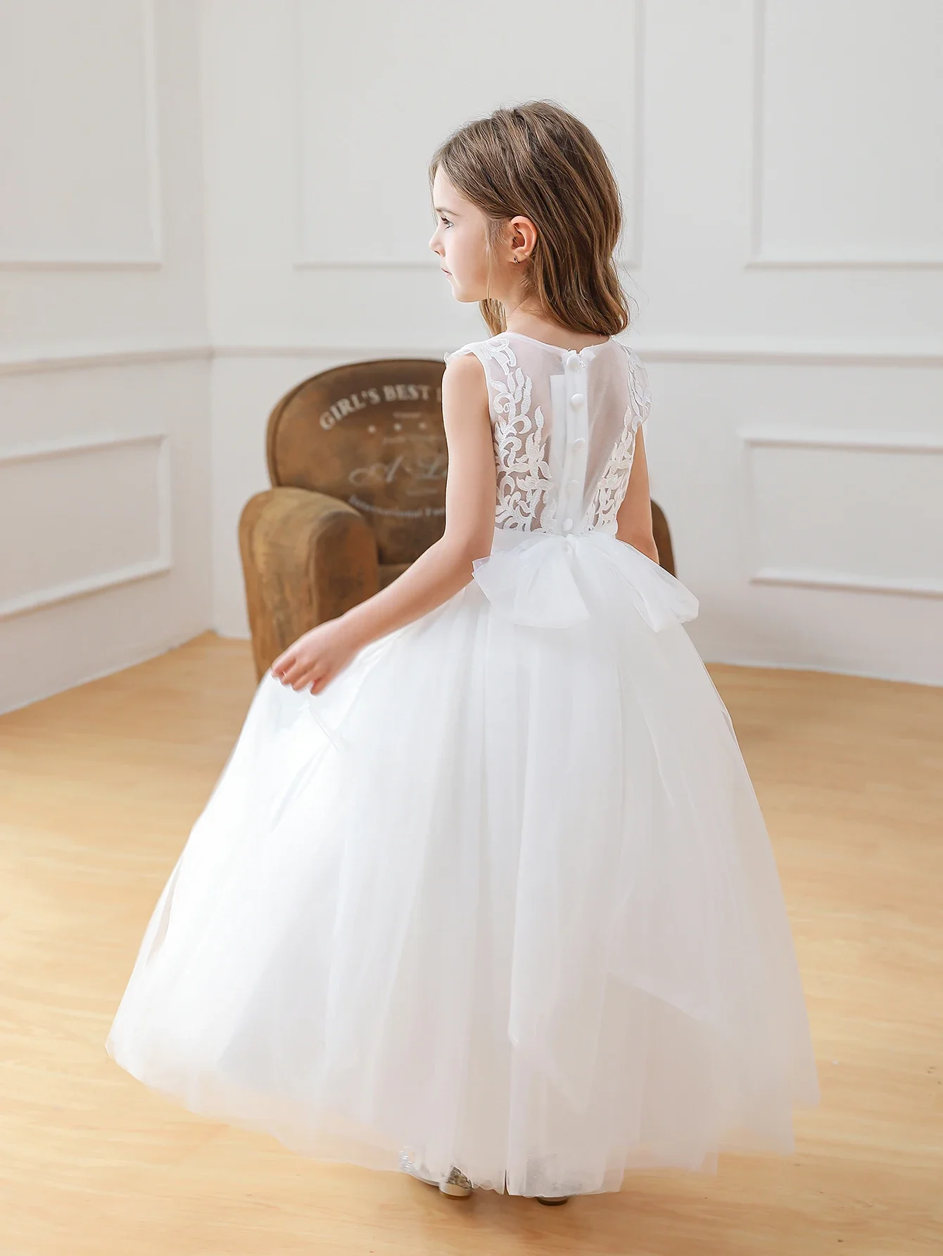 Beautiful casual floral lace without back cute teenage girls elegant tulle flower girl dress wedding fashion