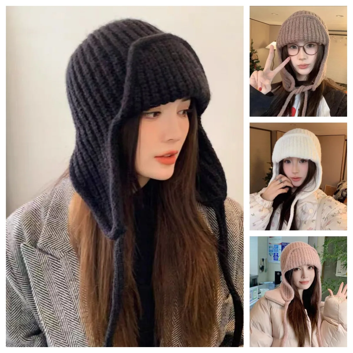 Gorro de punto cálido para invierno, gorro con orejeras para mujer, gorro de moda súper suave y grueso a prueba de viento para clima frío para otoño grueso