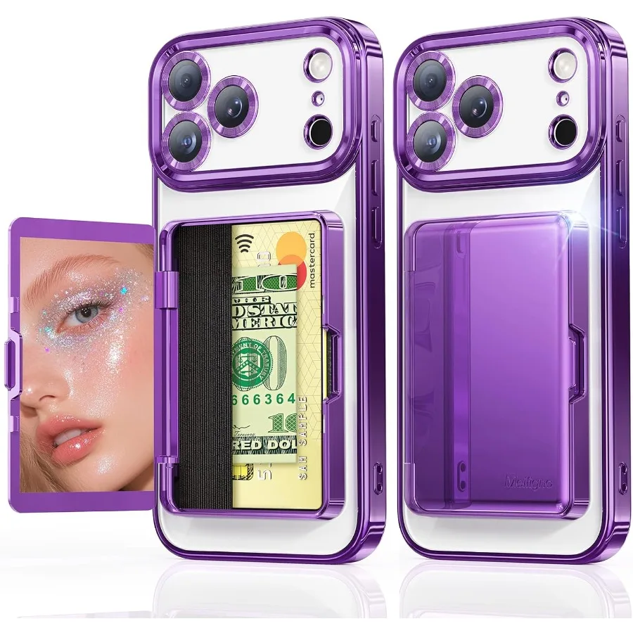 

Designed for iPhone 17 Pro Max Case Wallet with Built-in Mirror and Kickstand Holds 3-4 Cards and Cash Surround Raised