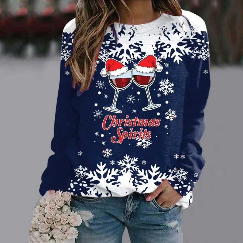 Blue Cross Border European And American Women's Round Neck Shoulder Hoodie Christmas Wine Glass Printed Long Sleeve TopWA2