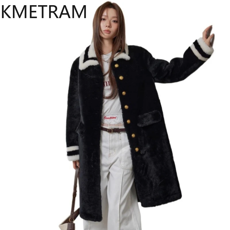 Natural Merino Wool Sheepskin Double Faced Fur Jacket Women Fashion Mid Length Black Real Fur Coat Winter Woman Clothing 2025