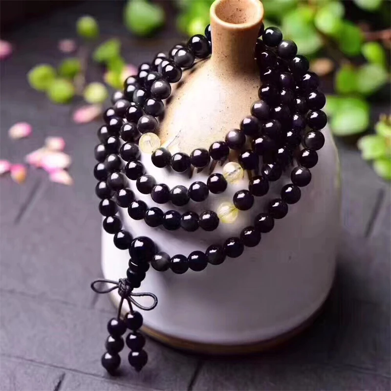 6/8/10MM Natural black obsidian rutilated quartz 108 beads Bracelet Handmade Fortune Mineral Woman Amulet Jewelry Gift 1pcs