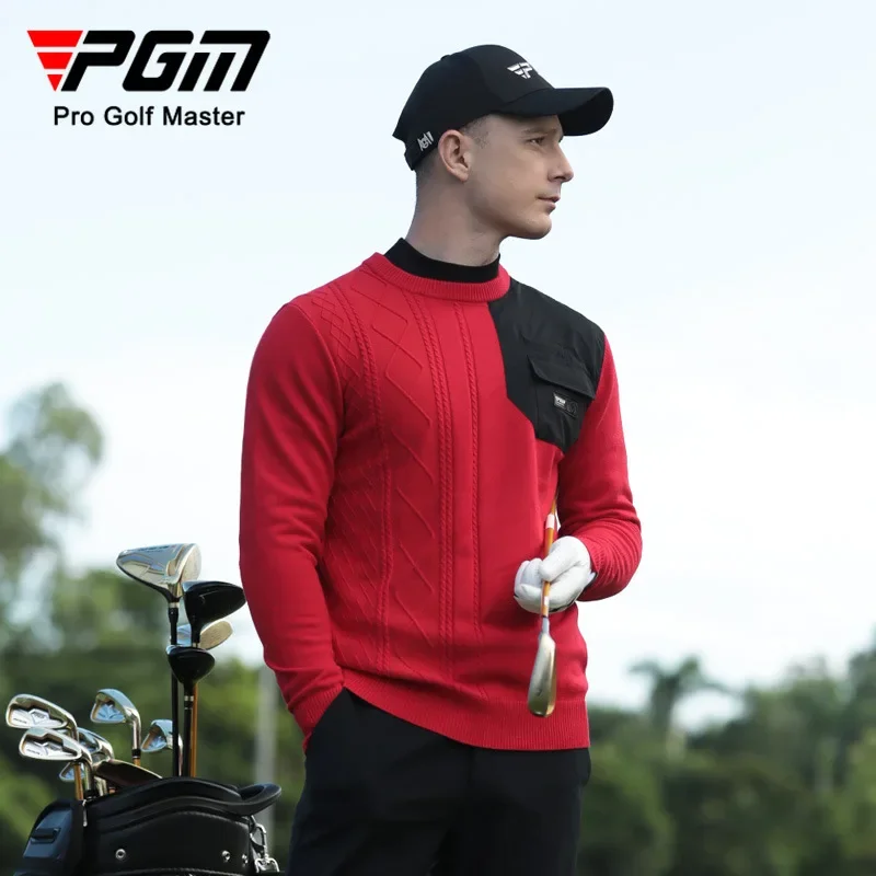 

PGM Golf Sweater Men's Autumn and Winter Warm Round Neck Sheepskin Knitted Clothes Splicing Pocket Clothes