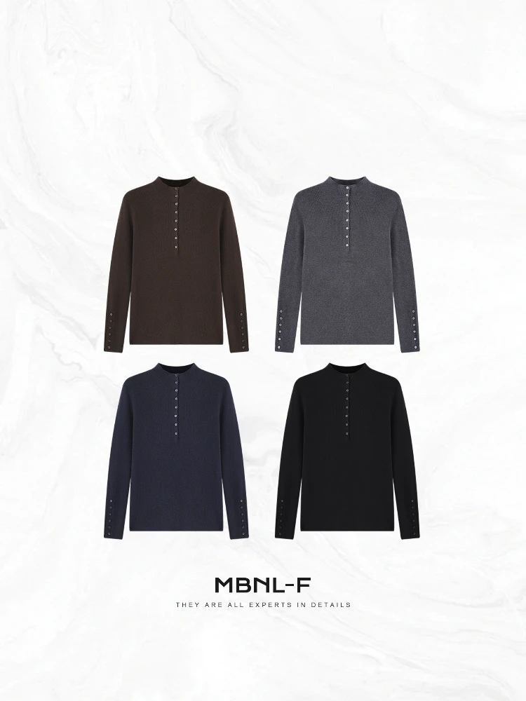 

MBNLF Wool Blend Knit Base irt f High Collar Cus Woven Glass Button Detail Women's Spring Faion Fitted Sweater