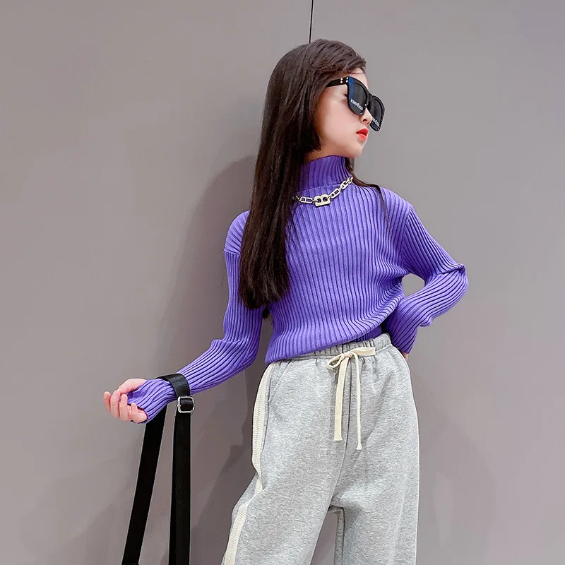 teen girls slim fit sweater kids leakage finger base shirt high neck pullover children knitted tops thread jacket 4-14 gola alta