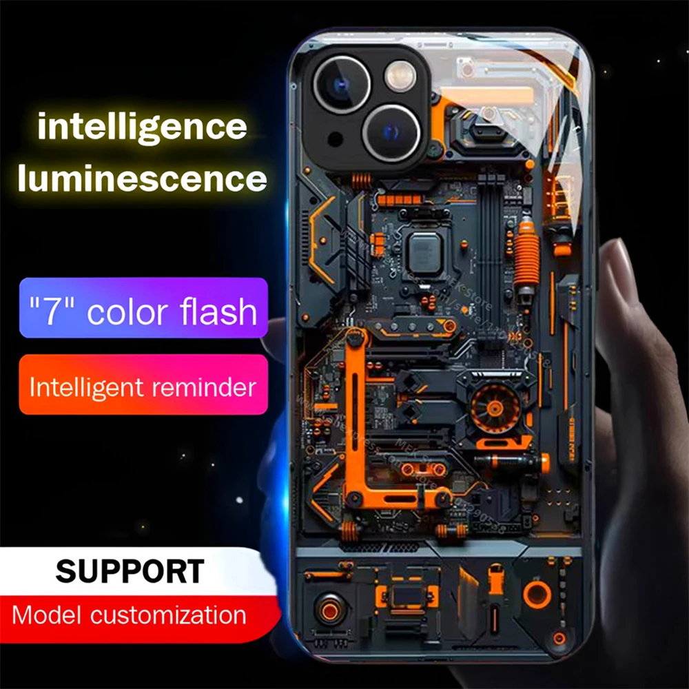 Orange Circuit Board Design Smart LED Light Up Glowing Glass Phone Case For iPhone 16 15 14 13 12 11 Pro Max X XS XR Plus SE