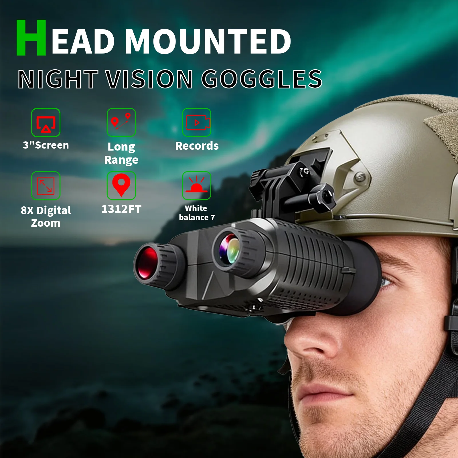 

Бинокль ночного видения с креплением на голову для взрослых, цифровое ночное видение 4K, экран 2,7 дюйма, аккумулятор 3000 мАч, дальность действия 1312 футов, для наблюдения